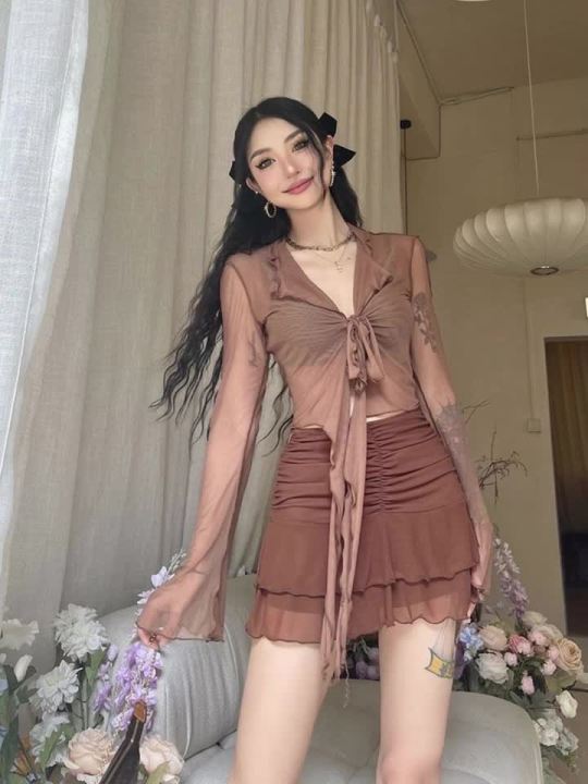 Long Flare Sleeve Blouses for Women Lace-up Mesh  Sweet Hot Girls Korean Fashion Style All-match Solid Design Elegant Casual