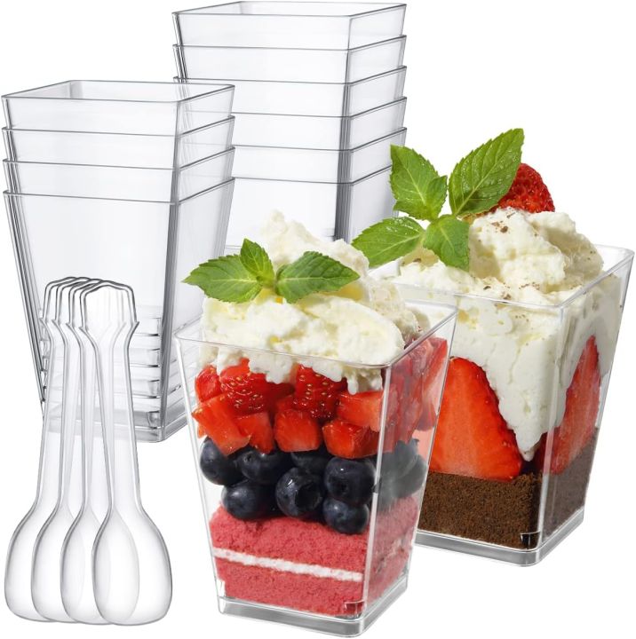 Exquisite Mini Dessert Cups with Spoons Square Dessert Cups with Tasting Spoons Mini Parfait Cups Appetizer Plastic Dessert Cup