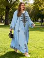 Middle Eastern Elegant Robe, New Spring and Autumn Style, Plus-Size Fashion Women's Clothing, Ethnic Print, Stylish, Loose and Comfortable, Holiday Style Long-Sleeve Dress.