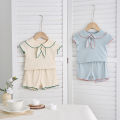 Summer Baby Girls 2-Piece Doll Neck Bow Short Sleeve Top + Shorts Casual Suit. 