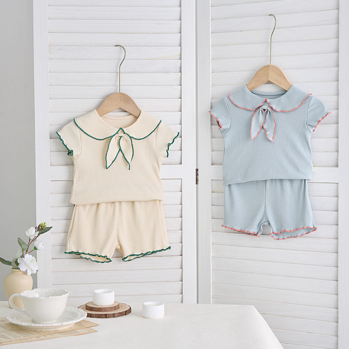Summer%20Baby%20Girls%202-Piece%20Doll%20Neck%20Bow%20Short%20Sleeve%20Top%20+%20Shorts%20Casual%20Suit%20-%20Image%202
