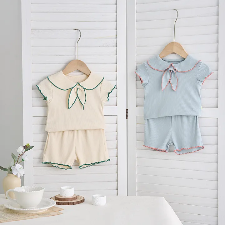 Summer%20Baby%20Girls%202-Piece%20Doll%20Neck%20Bow%20Short%20Sleeve%20Top%20+%20Shorts%20Casual%20Suit%20-%20Image%202
