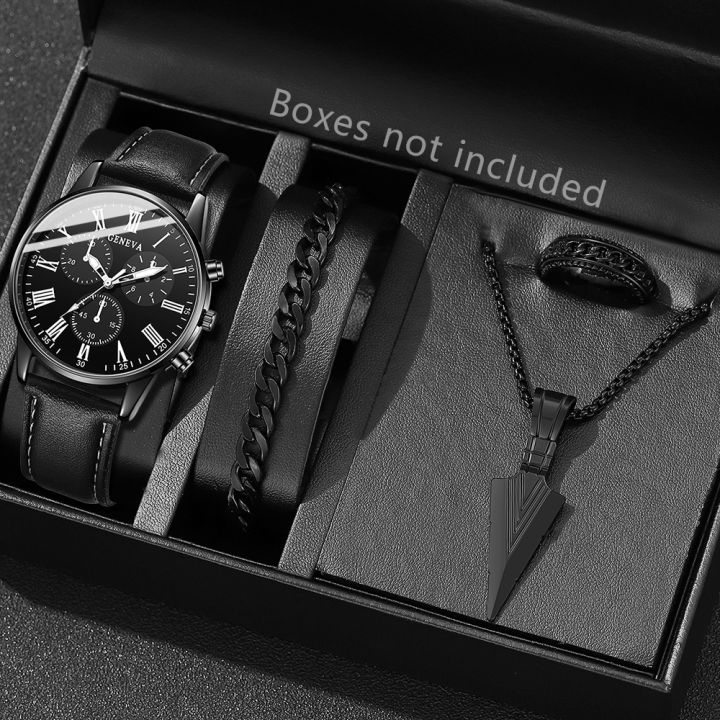 4PCS Black Men's Watch Set Business Trend Versatile Roman Digital Scale ...