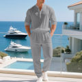 American loose linen set for men autumn Hawaiian home commuter thin Henry shirt long sleeve pants set.