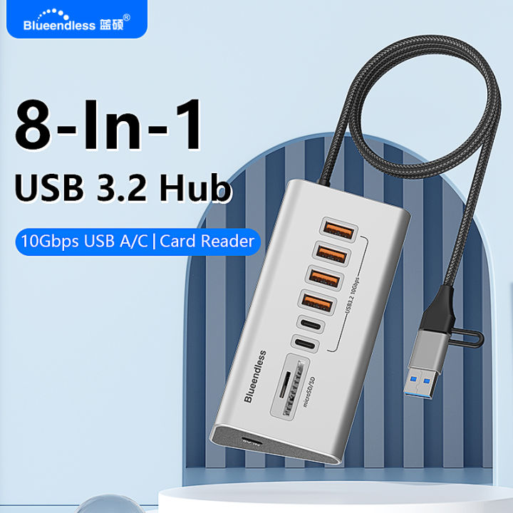 Blueendless Aluminium USB3.2 Gen2 10Gbps HUB with TF/SD Card Reader USB ...