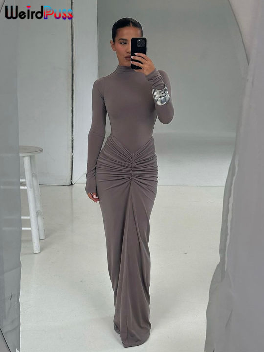 Weird%20Puss%20Hipster%20Ruched%20Dress%20Women%20O-Neck%20Full%20Sleeve%20Skinny%20Stretch%20Robe%20Autumn%20Trend%20Simple%20Classic%20Pleats%20Long%20Bodycon%20-%20Image%205