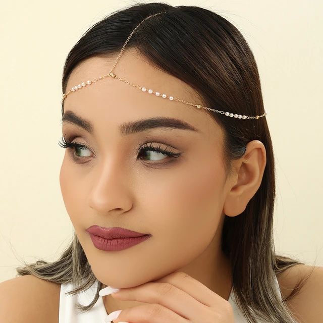 Pearl Chain Tikli Headpiece Imitation Pearl Link Chain Elegant Head Forehead Accessories Bling Bridal Hair Chain Women Lady Aesthetic Jewelry