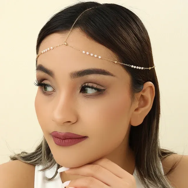 Pearl Chain Tikli Headpiece Imitation Pearl Link Chain Elegant Head Forehead Accessories Bling Bridal Hair Chain Women Lady Aesthetic Jewelry