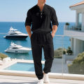 American loose linen set for men autumn Hawaiian home commuter thin Henry shirt long sleeve pants set.
