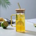Square Glass Mug 400ml With Lid and Straw Breakfast Milk Cup Microwave Safe Transparent Coffee Mug Drinkware Glass. 