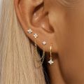 3PCS New Fashion Four Zircon Flower Hoop Earring Set For Women Stainless Steel Double Stud Chain Piercing Jewelry. 