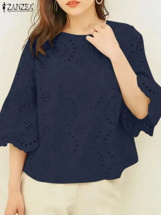 2024%20ZANZEA%20Women%20Elegant%20Lace%20Crochet%20Blouse%20Female%20Summer%20Tops%20Holiday%20Shirt%20Work%20OL%20Tops%20Stylish%203/4%20Sleeve%20Patchwork%20Blusas%20-%20Image%206