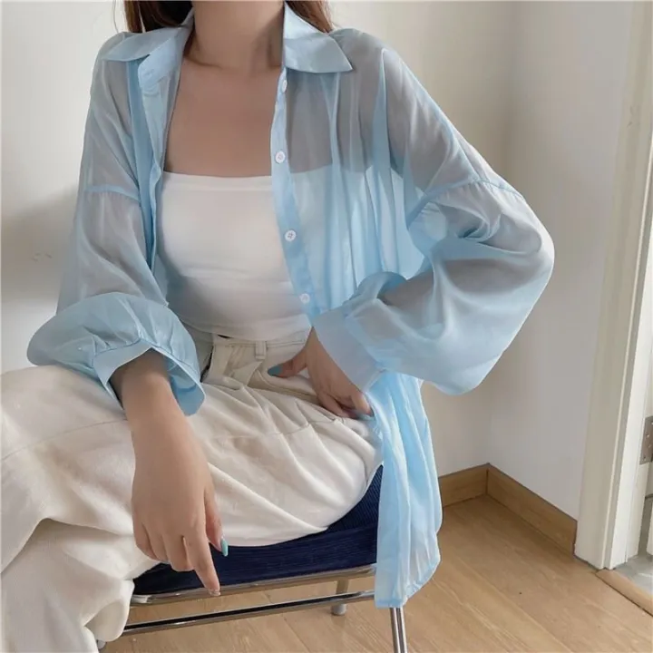Shirt%20for%20Women%20Blouse%20Long%20Sleeve%20Top%20Female%20Chiffon%20Loose%20Cardigan%20Thin%20Sexy%20Solid%20Color%20Casual%20Shirt%20-%20Image%204