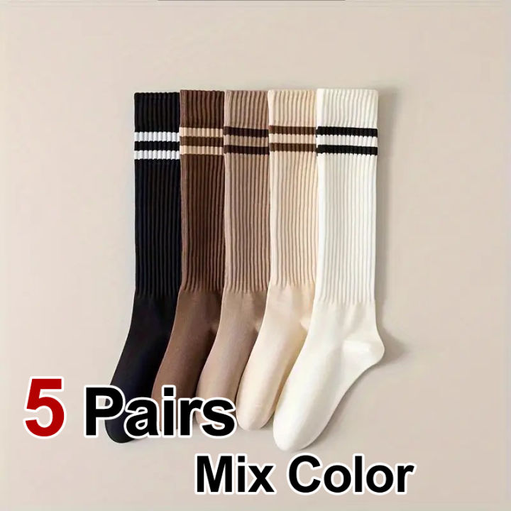 1/5%20Pairs%20Women%20Autumn%20Winter%20Striped%20Calf%20Socks%20Warmth%20Comfort%20Fashion%20College%20Jk%20Style%20Slimming%20High%20Tube%20Stacking%20Socks%20-%20Image%207