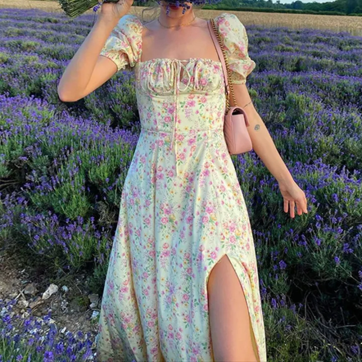 Women%20Floral%20Print%20Split%20Dress%20Sweet%20Puff%20Short%20Sleeve%20Square%20Collar%20Slim%20Fit%20Maxi%20Dress%20Holiday%20Summer%20Casual%20%20A-Line%20Dress%20-%20Image%202