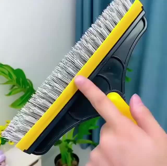 2 in 1 Cleaning Scrub Brush Grout Brush Scrape Floor Scrub Brush with Long Handle V-Shape Stiff Bristle Brush Scrubber with Squeegee 120°Rotating Magic Broom Brush for Cleaning Bathroom Glass Wall