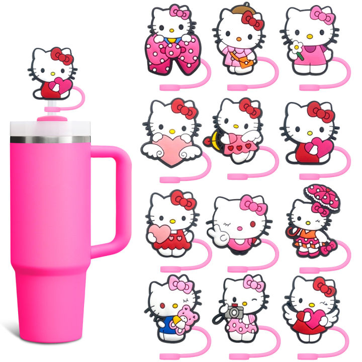 6Pcs Hello Kitty Straw Cover Cap 10MM Drink Straw Plug Splash Proof Drink Cup Straw Cap Eco-friendly Charm Pendant Party Gift ﻿