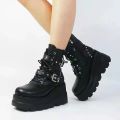 New Women's Pu Leather Ankle Boots Women Autumn Winter Round Toe Lace Up Shoes Woman Motorcycle Platform Botas Gothic Shoes.