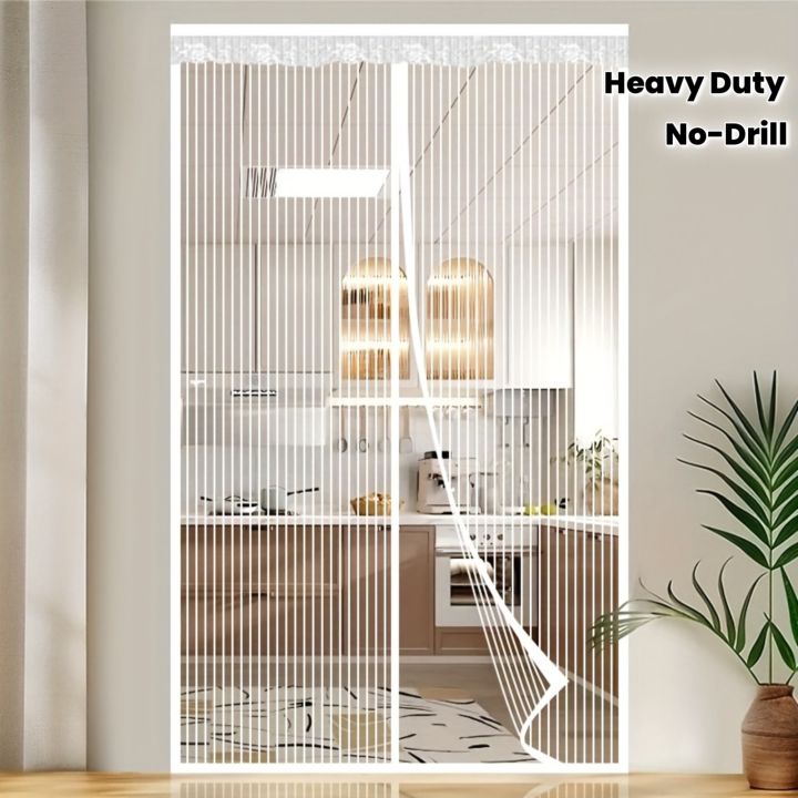 Magnetic Door Curtain with Mesh - No-Drill Installation Suitable for Indoor/Outdoor Use, White Stripe Mosquito Proof Screen