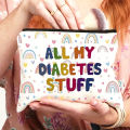 1pc Polyester Travel Cosmetic Bag with Zipper Closure - "All My Diabetes Stuff" Design with Colorful Hearts & Rainbows. 