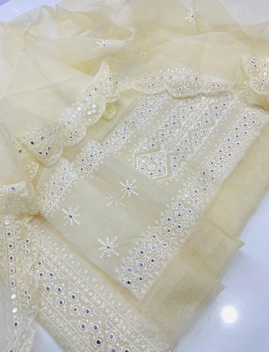 ➡️Stuff soft net krandi ,,,

➡️work camputar 9mm gala bel daman,

➡️Dupatta katwork dobel  boder Embroidered,,,

➡️ 2 pice sutie,,,