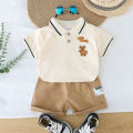 Summer cartoon bear turn-down coll Summer cartoon bear turnar short-sleeved shirt and shorts set for infants and young children. 