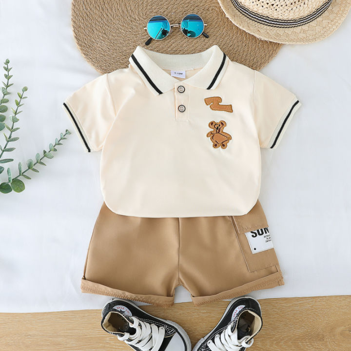 Summer cartoon bear turn-down coll Summer cartoon bear turnar short-sleeved shirt and shorts set for infants and young children