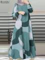 ZANZEA Muslim Fashion Color Block Long Dresses Women Elegant O Neck Long Sleeve A-line Vestidos Casual Loose Islamic Abaya Robes. 