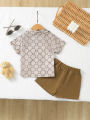 Baby Boy Bear Print 2-Piece: Button Shirt + Brown Shorts – Patterned Design for Gifting ..