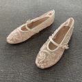 Women Design Embroidery Flowers Pearl Mesh Round Tor Buckle Strap Ballet Flats Loafers Ladies Mary Jane Shoes Woman Mules Sandal. 
