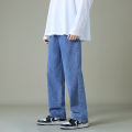 New Autumn Men Denim Wide-leg Pants Korean Style Straight Light Blue Baggy Jeans Elastic Waist Student Trousers Male Black Gray. 