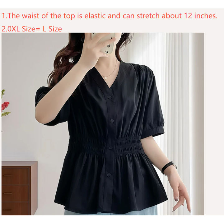 200%20Pounds%20Plus%20Size%20Elastic%20Waist%20Summer%20Shirt%20And%20Blouse%20%20Solid%20Top%20Women's%20New%20In%20Clothes%20Simple%20V-neck%20French%20-%20Image%204