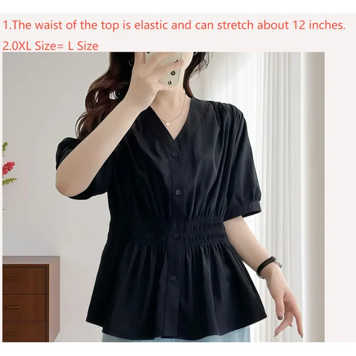 200%20Pounds%20Plus%20Size%20Elastic%20Waist%20Summer%20Shirt%20And%20Blouse%20%20Solid%20Top%20Women's%20New%20In%20Clothes%20Simple%20V-neck%20French%20-%20Image%204