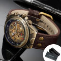 Bronze Retro Skeleton Automatic Mechanical Watch for Men Luminous Hand Brown Genuine Leather Belt Luxury Brand Steampunk Watches. 
