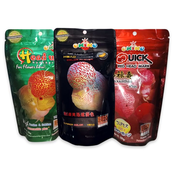 Set%20Okiko%20flowerhorn%20food%203%20formulas%20M%20Platinum,%20Head%20Up,%20Quick%20Floating%20Pellets!%20100%20g%20pack%20-%20Image%202