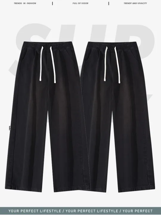 Spring New High Street Men Loose Elastic Waist Baggy Straight Jeans Streetwear Y2K Vintage Fashion Wide-leg Denim Pants