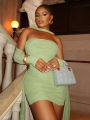 kliou Mesh Simple Women Mini Dress Fashion Solid Strapless Ribbons Tassel Body-shaping Vestidos+Seperately Full Sleeve Gloves.