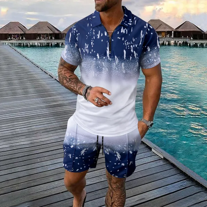Interesting%20Men's%20Short%20Sleeved%20Set%203D%20Checkered%20Printed%20Fashionable%20Zipper%20Polo%20Shirt%20Suit%20Loose%20Summer%20T-shirt%20Set%20Ropa%20Hombre%20-%20Image%204