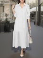 ZANZEA Cotton Casual Lace Dress Women Solid Sundress A-Line Mid-Calf Pleated Robe Summer 2025 Vintage Turn-Down-Collar Vestidos. 