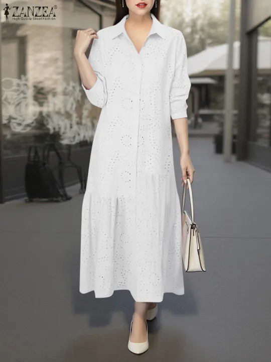 ZANZEA%20Cotton%20Casual%20Lace%20Dress%20Women%20Solid%20Sundress%20A-Line%20Mid-Calf%20Pleated%20Robe%20Summer%202025%20Vintage%20Turn-Down-Collar%20Vestidos%20-%20Image%203