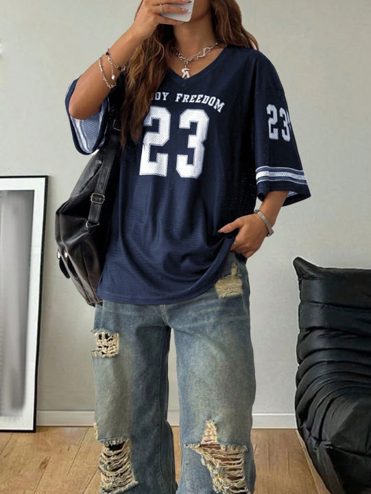 New Hot Women Los Angeles jerseys Coolane Summer Drop Shoulder Oversized Football Jersey Tee With Letter Print Couple Same Style