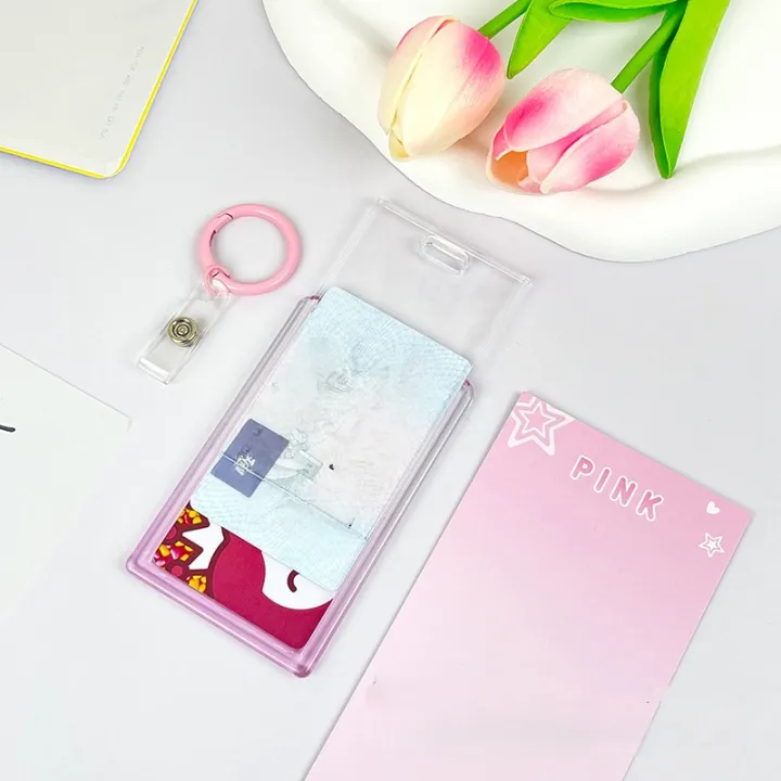 1pc%20Gradient%20Pink%20Transparent%20Sliding%20Cover%20Card%20Holder%20With%20Keychain%EF%BC%8C%20Work%20Student%20ID%20Card%20Bus%20Transport%20Card%20Protector%20Holder%20-%20Image%204