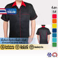 Mechanic's shirt, short-sleeved shop, black background, color, standard fabric, durable texture. 