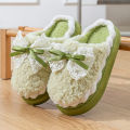 Bow 2025 new cotton slippers women's winter indoor home soft sole non-slip warm plush thick-soled confinement shoes. 