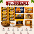 Khajurico Premium Family Snack Combo Pack | 10 Glucose Biscuits, Butter, Peanut, Quminie & Atta Cookies + Golden Mix + Ajwain Puff. 