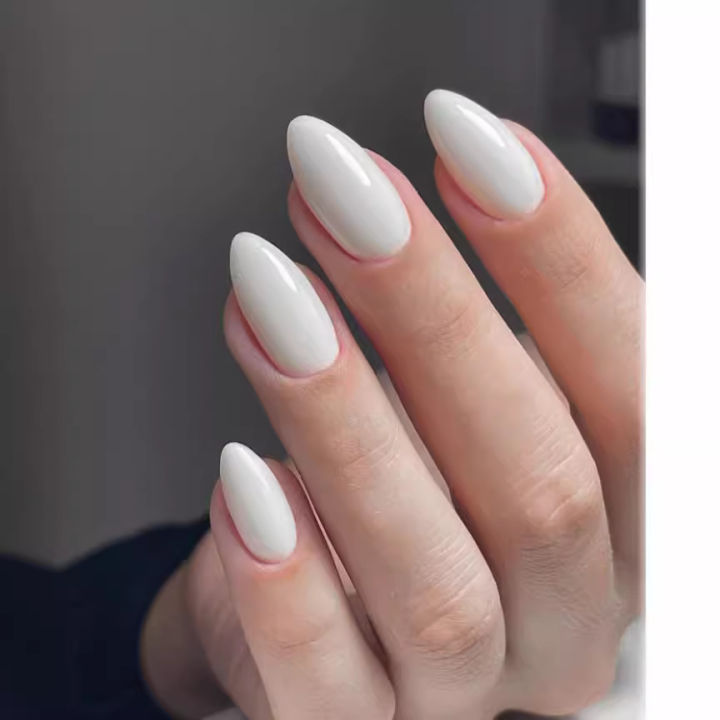 24Pcs White Almond False Nails Full Cover Nail Tips Simple Solid Color Wearable Press on Nails Short Round Head Fake Nails Set