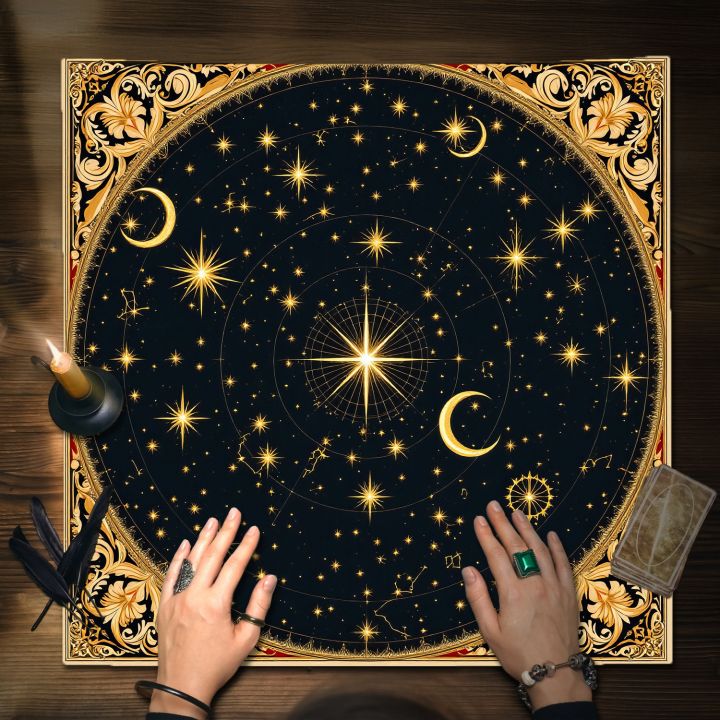 Medieval Celestial Tarot Altar Cloth Multiple Sizes HD Sublimation Print Moon Star Sacred Geometry 100 Polyester Machine Wash