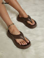 New Summer Women's Flip-Flops, Fashionable Wedge-Heeled Dark Brown Thick-Soled Sandals, Outdoor Casual Beach Shoes, High-Heeled Flip-Flops. 