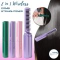 "2 in 1 Wireless Hair Hot Comb - Mini Rechargeable, Cordless Hair Straightener & Curler with Ceramic Tourmaline Ionic Technology, Anti-Static Detangling, and Digital Temperature Control - Portable and Travel-Friendly Styling Tool". 