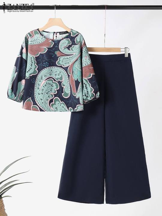 2024%20Summer%20Floral%20Print%20Suit%20ZANZEA%20Women%203/4%20Sleeve%20Blouse%20Wide%20Leg%20Pant%20Sets%20Stylish%20Tracksuits%20Fashion%20Loose%20Matching%20Sets%20-%20Image%204